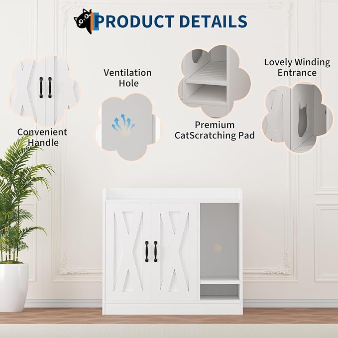 Cat Litter Box Enclosure,Hidden Litter Box Furniture with Divider,Indoor Cat House,Wooden Cat Washroom Storage Cabinet Bench, Side End Table Nightstand, 33.07" L × 23.62" W × 23.92" H,White&Brown