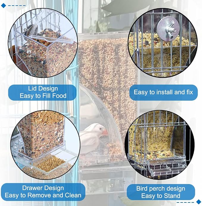 Hamiledyi No Mess Bird Cage Feeder 2Pack Automatic Parrot Seed Feeders with Perch Acrylic and Bird Parrot Swing Chewing Toy Set 15PCS Colorful Pet Birds Cage Toys for Small Parakeet Cockatiel Conures