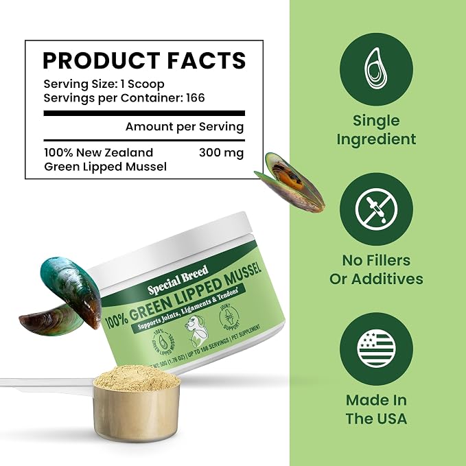 Green Lipped Mussel Powder for Dogs & Cats - 100% New Zealand Green Lipped Mussels - Natural Hip & Joint Supplement for Joints, Tendons, Ligaments, Muscles - 50 Grams - Up to 166 Servings