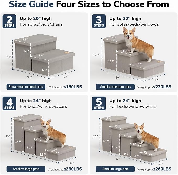 4-Step Wide Dog Stairs 23" H with Removable Cover, Non-Slip Storage Pet Steps for High Bed Couch, Pet Stairs for Small/Medium/Large Old Dogs Puppy Up to 260lbs, Cat Dog Steps for Car, Grey