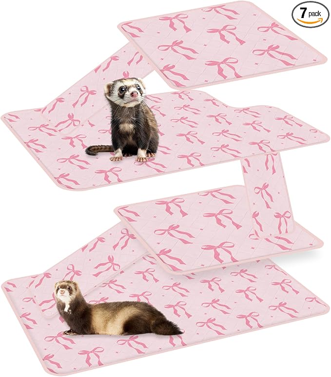 JarThenaAMCS 7 Pcs Bow Ferret Cage Liner Set Ferret Critter Nation Cage Accessories Kit Pink Bowknot Washable Double Unit Set Pee Pads for Hamster Chinchilla Small Animal Accessory