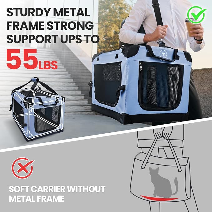 PEGIC Extra Large Cat Carrier, Blue | Soft Sided Collapsible, For Car Travel, Outdoor and Indoor Uses, Roomy Extra Large for 2 Kittens or Pets up to 50lbs