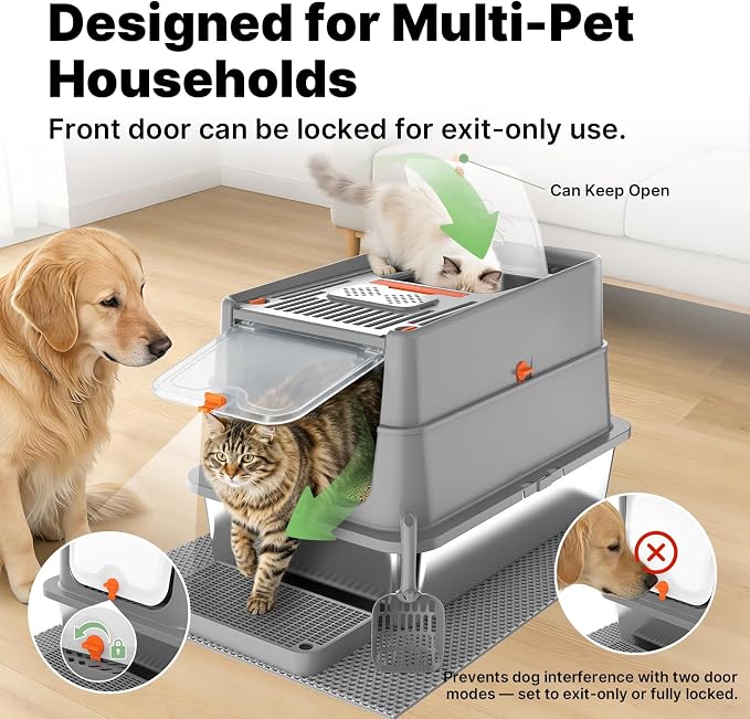 Stainless Steel Litter Box with Flip Lid, XL Extra Large Cat Litter Box with High Sided Top Entry Design, Anti-Leakage Enclosed Metal Litterbox for Big Cats, with Handle, Mat, Pedal & Scoop, Dark Grey