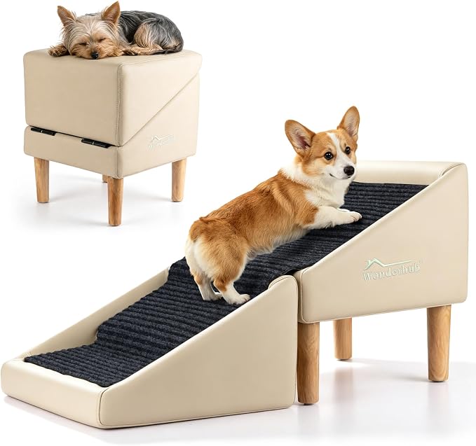 2-in-1 Foldable Dog Stairs & Ramp,Non-Slip, 17.13" H,(Light Beige) | For small, puppy, senior, and injured dogs – easy access to couch or bed
