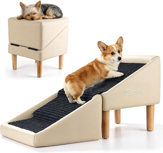 2-in-1 Foldable Dog Stairs & Ramp,Non-Slip, 17.13" H,(Light Beige) | For small, puppy, senior, and injured dogs – easy access to couch or bed