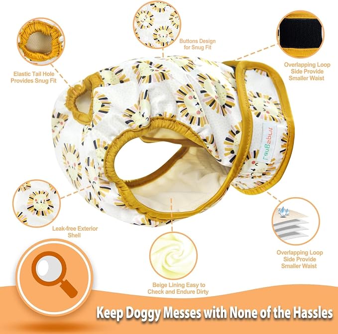 Langsprit Washable Female Dog Diapers (3 Pack) -Doggie Reusable Diapers for Doggy Puppy Female in Period - Highly Absorbent Dog Heat Panties with Adjustable Snaps (Rabbit, Owl, Lion, Large)