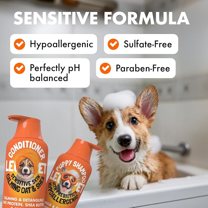 Puppy Shampoo and Conditioner Set Hypoallergenic, Tearless, pH Balanced Dog Shampoo for Puppies Oat Milk, Chamomile & Prebiotics Puppy Shampoo for Sensitive Skin Sulfate Free, Paraben Free 2×10 fl oz