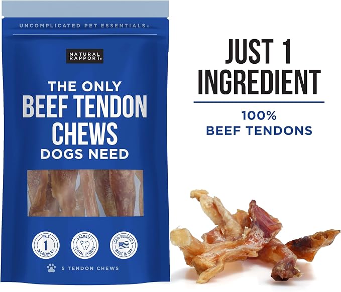 Natural Rapport Beef Tendon Dog Chews - Single Ingredient, Long Lasting, Promotes Dental Health & Joint Support (5 Count)