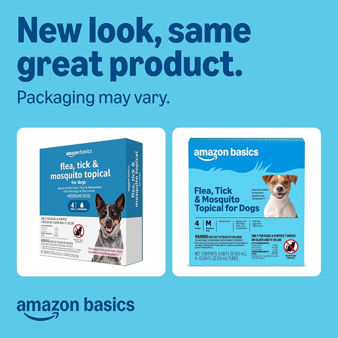 Amazon Basics Preventative Flea, Tick & Mosquito Topical Treatment for Medium Dogs (11-20 Pounds), Kills Fleas, Prevents Infestations, 4 Count, Packaging May Vary
