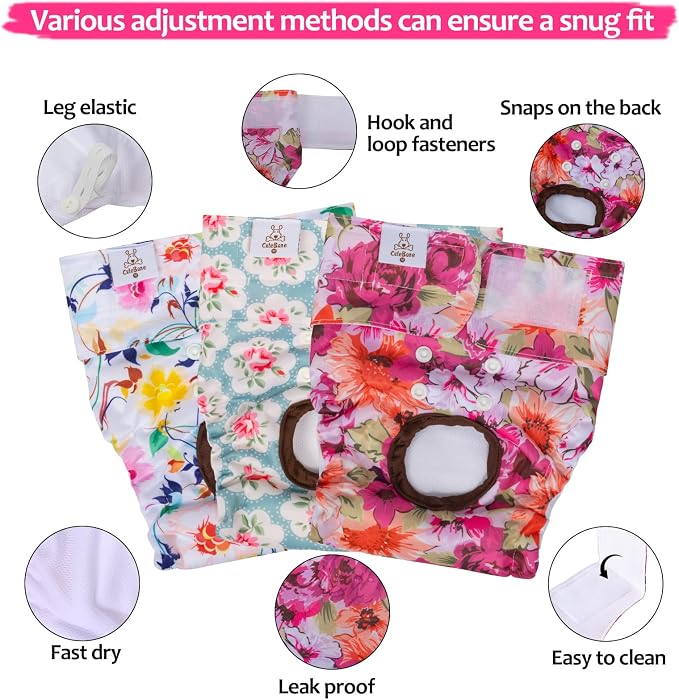 CuteBone Dog Diapers Female 3 Pack Reusable Doggy Diapers with One Suspender for Small Medium Large Dog Period BDD02L