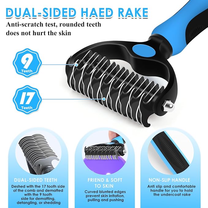 Large Dog Slicker Brush for Goldendoodles, Poodles - 3 in 1 Grooming Kit with Undercoat Rake, Comb - Extra Long Pins for Dematting Great Pyrenees, Thick Coats, Shedding, Detangling, Blue