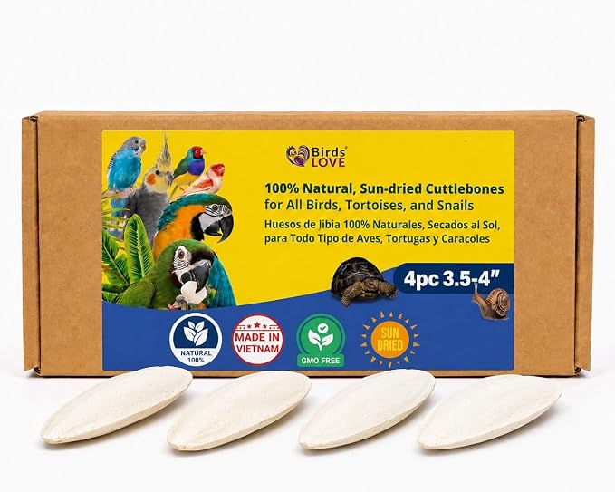 Birds LOVE 3.5-4″ Cuttlebone for Birds – 100% Natural Sun-Dried Calcium & Beak Conditioning Supplement for Parakeets, Budgies, Cockatiels, Finches & Canaries – 4 Pack with Holder – Made in Vietnam