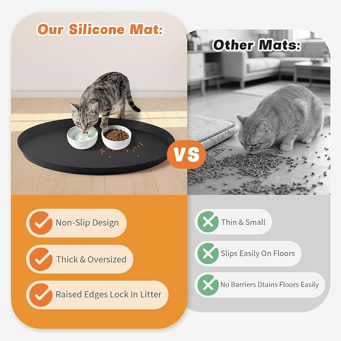 20" Silicone Pet Food Mat, Waterproof Feeding Mat for Dog & Cat Extra Large Dog Bowl Mats with Raised Edge, Non-Slip, Protects Floors, Easy to Clean (Black)