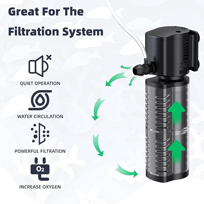 FREESEA Aquarium Fish Tank Filter: 5W 132GPH Internal Filter Pump 2-Stage Filtration for 10-35 Gallon Saltwater Betta Turtle Tanks
