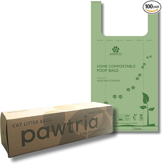 Pawtria Certified Home Compostable Pet Waste Bags (Extra Large, 100 Bags, Handles, Single Roll) Cat Litter Bags, Vegetable Starches, Leak proof Dog Waste Bags, Cat Litter Fit Any Scoop