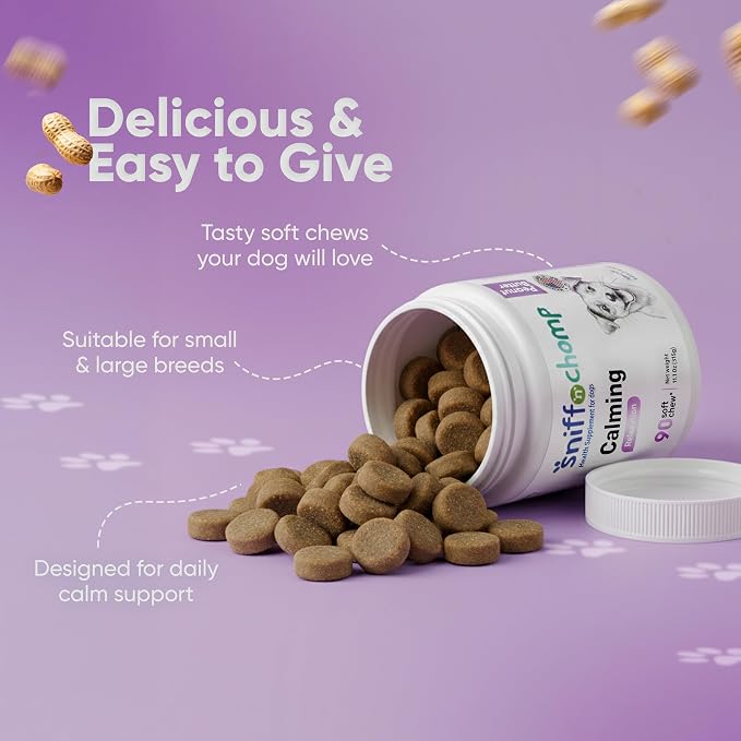 SNIFF 'N' CHOMP Dog Calming Chews, Peanut Butter Flavor, Natural Anxiety Relief with L-Theanine Chamomile Valerian Melatonin, Stress Support for All Breeds, Calming Dog Treats | 90 Soft Chews
