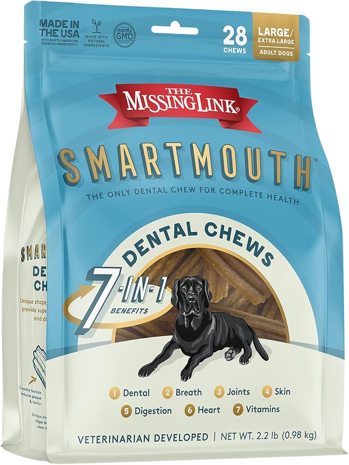 The Missing Link Smartmouth Vet Developed Dental Chew Treats, 7-in-1 Benefits: Healthy Teeth & Gums, Breath, Skin, Joints, Digestion, Heart, Immune System – Large/Extra Large 50-100lb+ Dogs, 28 Ct