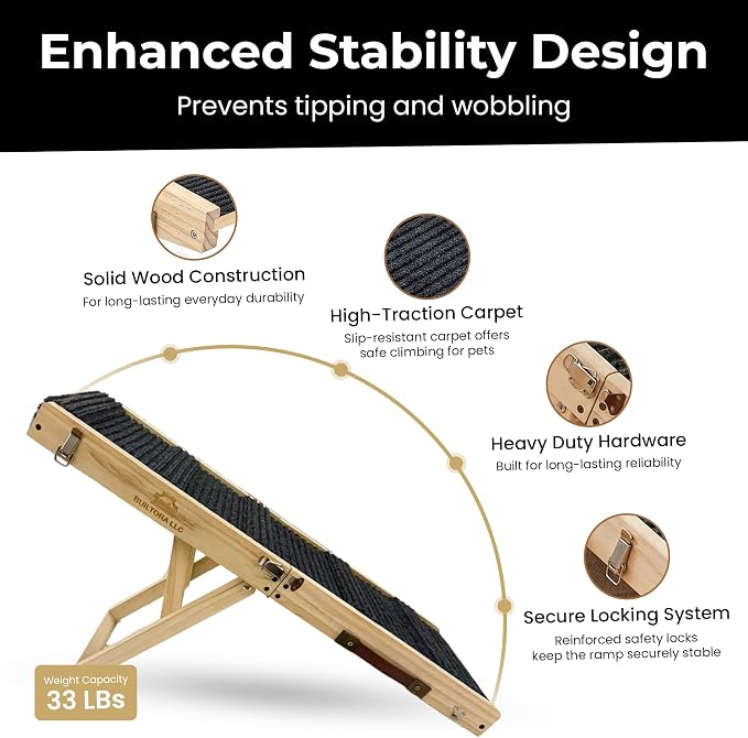 Dog Ramp for Bed & Couch, Foldable 4 Adjustable Dog Stairs for Small & Medium Dogs, Non-Slip Carpet Surface, Solid Pine Wood Dog Ramp for High Bed Sofa, Portable Dog Steps for Bed