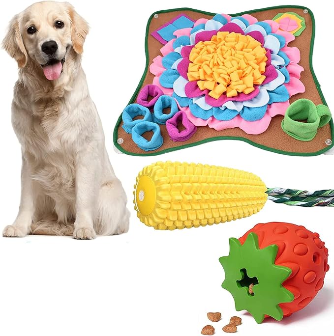 Dog Snuffle Mat, Slow Feeding Lick Pad, Strawberry Dog Chew, Corn Squeak Puppy Toy for Small Medium Large Breeds, Interactive Puzzle Toys for Training Foraging Enrichment Skills