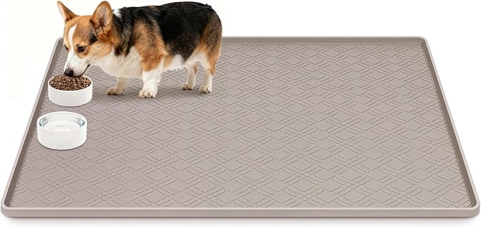 Dog Food Mat, 42" x29" Large Silicone Mat Dog Feeding Mat with Raised Edge Non-Slip Pet Feeding Mat for Food and Water Bowl, Easy to Clean, Floor Protection (Beige)