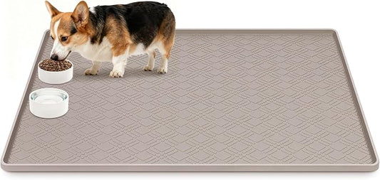 Dog Food Mat, 42" x29" Large Silicone Mat Dog Feeding Mat with Raised Edge Non-Slip Pet Feeding Mat for Food and Water Bowl, Easy to Clean, Floor Protection (Beige)