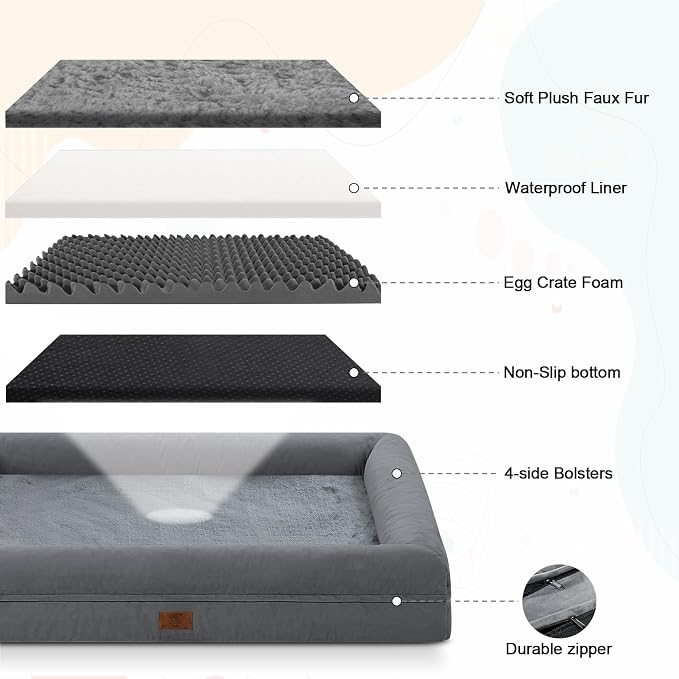 Medium Orthopedic Dog Beds, Large Waterproof Dog Bed with Removable Cover, 4-Sides Bolster Support Pet Soft Sofa, Washable Pet Beds for Large Dogs, Dark Grey