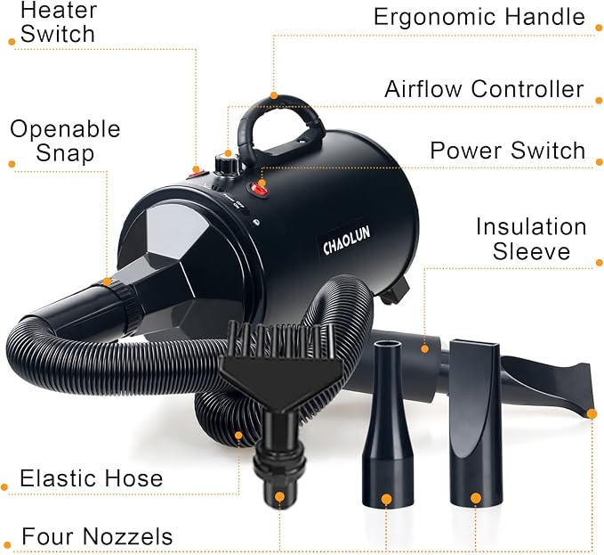 High Velocity Dog Grooming Dryer, Dog Blow Dryer, Pet Hair Dryer with Heater, Adjustable Speed, Black