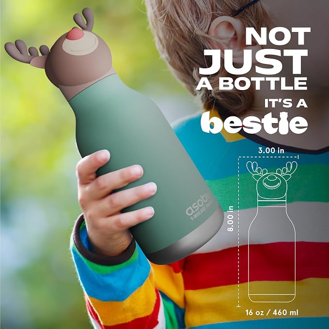 asobu Bestie Bottle Insulated Stainless Steel Water Bottle with Detachable Soft Animal Head Fun Drinking For Kids and Teens with Flexible Reusable Straw 16 Ounce (Reindeer)