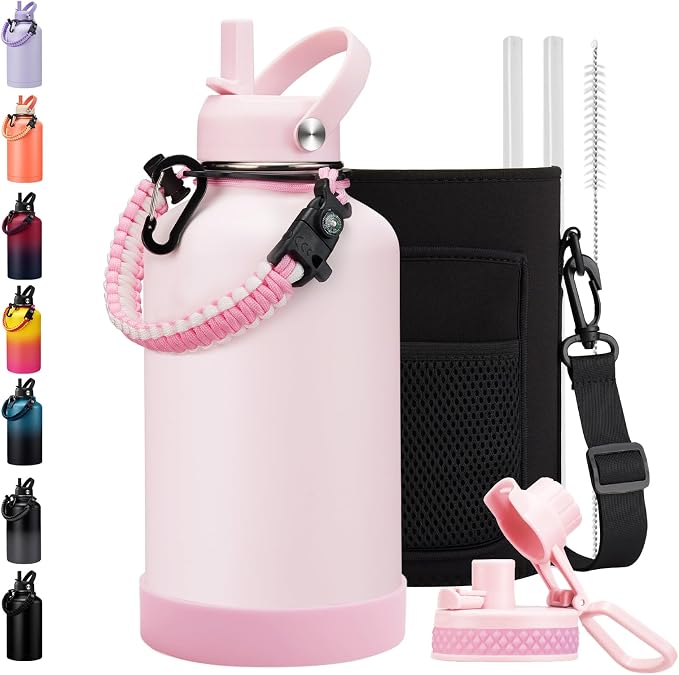 BENZZO 64 oz Insulated Water Bottle with Straw & Auto Spout Lid Protective Boot - Half Gallon Water Bottle Keep Cold 48Hrs & Hot 24 Hrs, Stainless Steel 1/2 Gallon Water Jug for Sports Gym Work