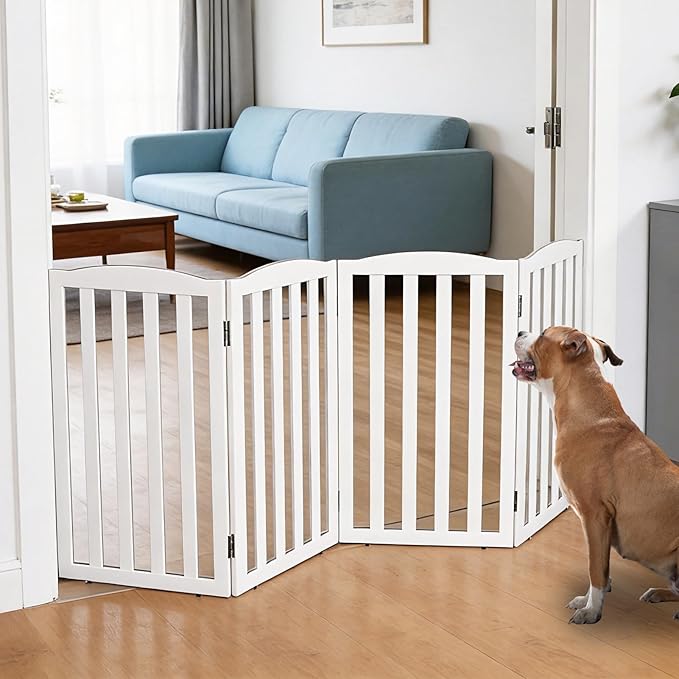 Freestanding Dog Gate Indoor,Doggie Gate Foldable Pet Gates for Doorways,Stairs or Hallways, Wooden White Pet Gate for the House, Pet Fence,24 "Height-4 Panels