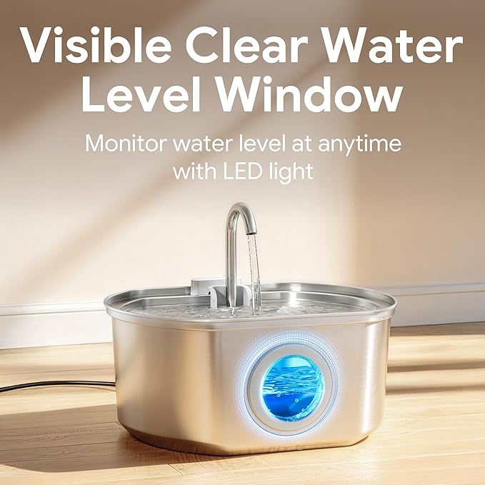 Cat Water Fountain Stainless Steel: 109oz/3.2L Cat Fountain for Drinking - Pet Water Fountain Inside - Automatic Dog Watering Dispenser Bowl - Pet Feeding & Watering Supplies - Water Level Window
