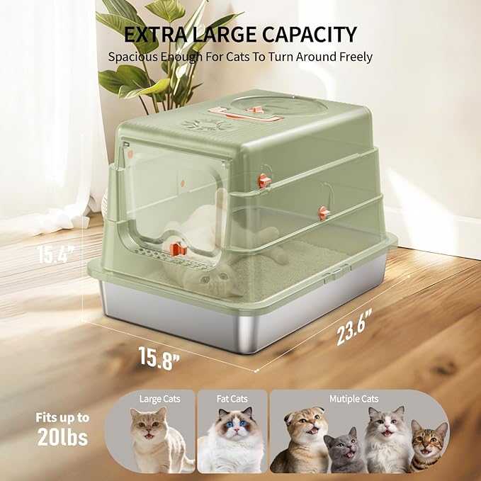 Stainless Steel Cat Litter Box with Lid, Extra Large Enclosed Metal Litter Pan with High Sides, Full Flip Cover Litter Box for Large Cat, Include Scoop & Step, Leak Proof Easy Clean Odor Control,Green