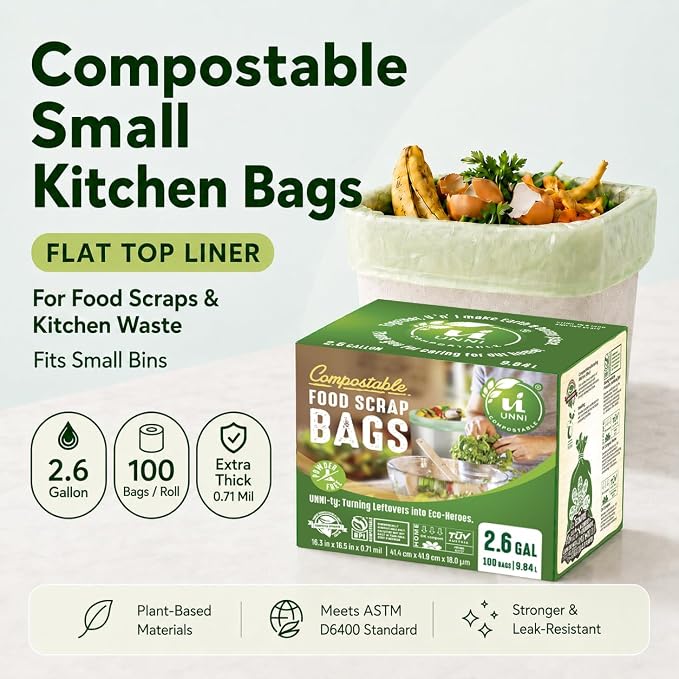 UNNI Compostable Trash Bags, 2.6 Gallon / 9.84 Liter, 100 Count, Extra Thick 0.71 Mil Small Kitchen Food Scrap Bin Liners, Certified by BPI, CMA & OK compost HOME, Meets the ASTM D6400 Standard