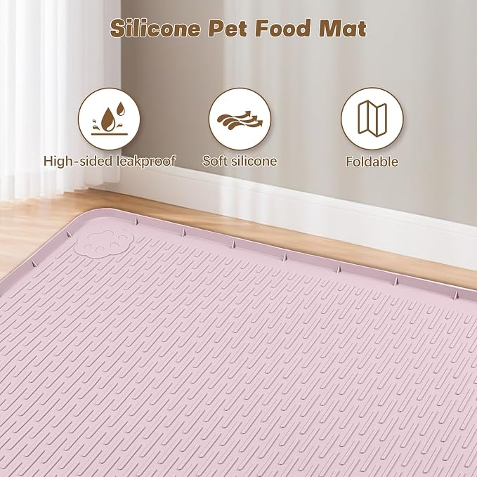 Cat Food Mat, 50" x 35" Extra Large Silicone Pet Feeding Mat with Raised Edge Pet Placemat for Food and Water Bowl Non-Slip, Easy to Clean, Floor Protection (Pink)