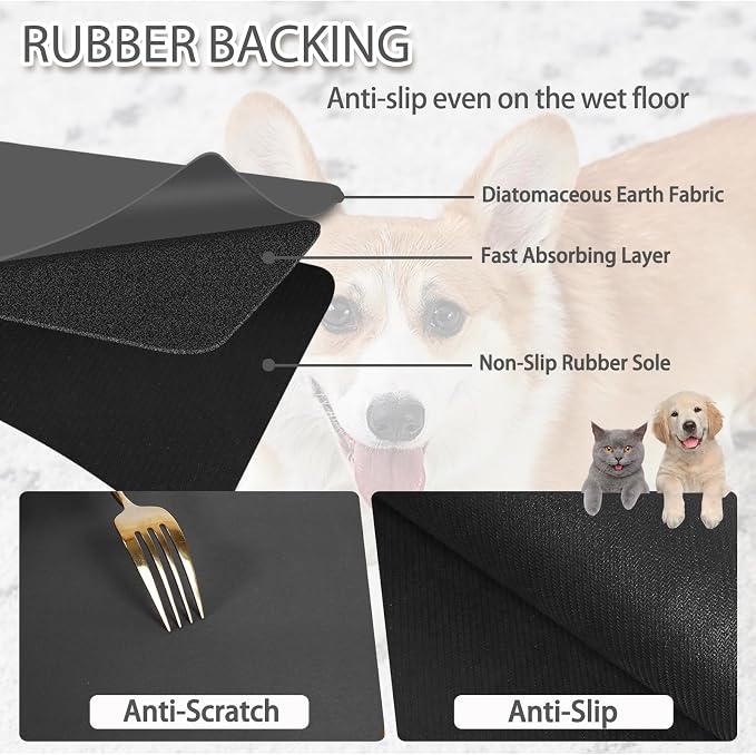 Dog Food Mat, Largest Absorbent Dog Mat for Food and Water, Non Skid Cat Bowl Mat, No Stains Quick Dry Pet Water Dispenser for Messy Drinkers (40"x32")