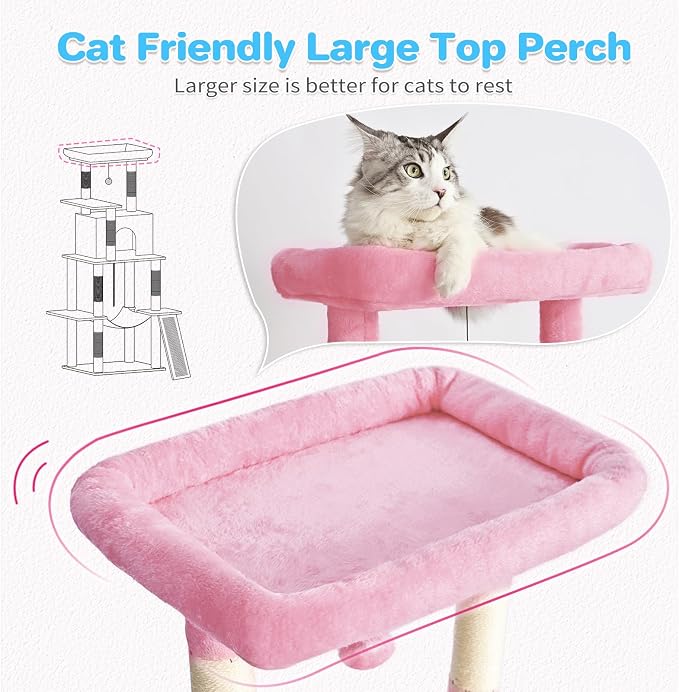 ABCPET Cat Tree Tower 63in Multi-Level Cat Tower for Indoor Cats with Sisal Scratching Posts, Condo, Hammock, Dangling Ball and Extended Platform for Cats to Play, Pink