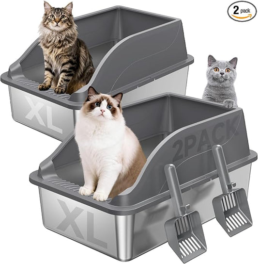 2PACK Stainless Steel Litter Boxes, Extra Large XL Odor Free Metal Litter Box with High Sides, Open Top Litter Pan Include Scoop Easy Cleaning Anti-Scratch Kitty Cat Box Anti-Urine Leakage, Non-Sticky