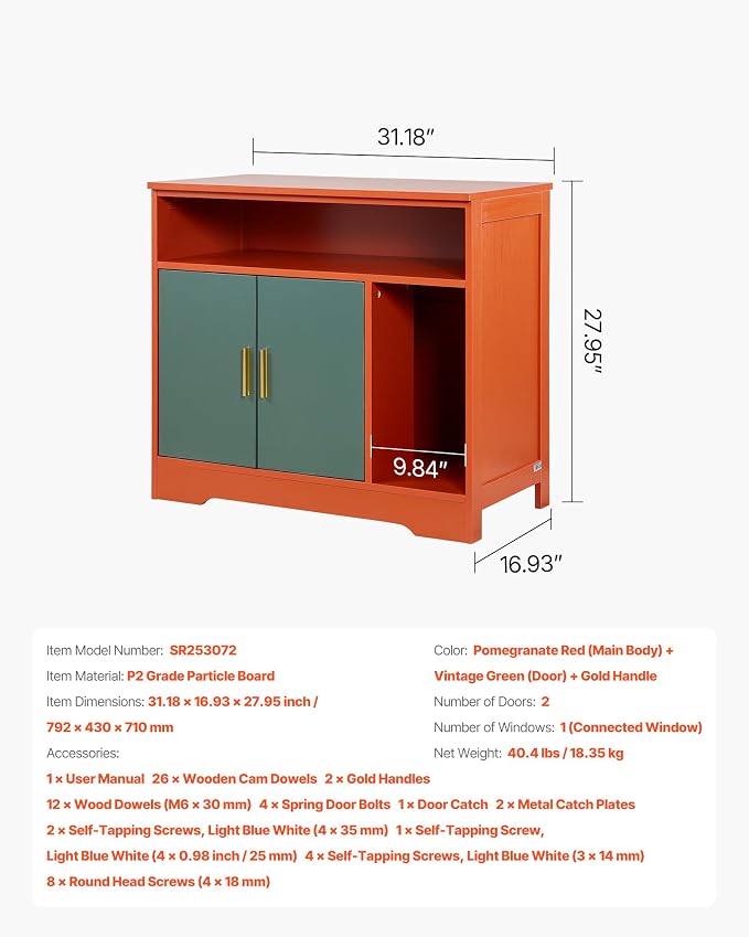 VEVOR Cat Litter Box Enclosure, 31 in Hidden Litter Box Cabinet with Shelf & Storage, Modern Style Indoor Cat Washroom, Wooden Kitty House Furniture End Table, Fit Most Litterboxes, Red & Green