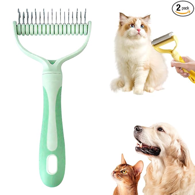 Double-Sided Pet Grooming Brush, 2026 Upgraded Undercoat Rake for Long Haired Pets, Multi-Functional Dematting Comb for Home Grooming, Pet Hair Removal Brush for Pets Owners (2, Green)