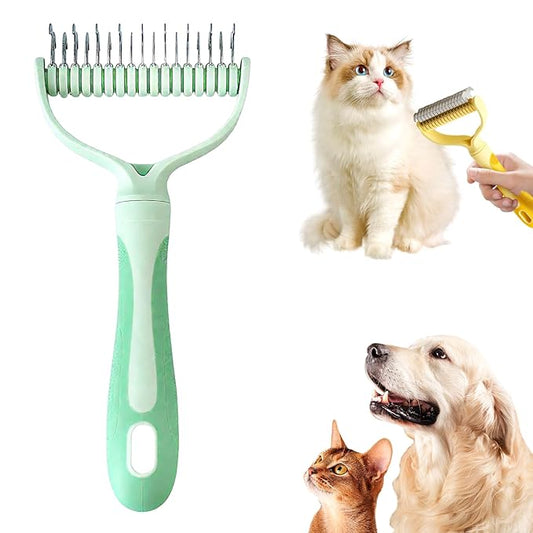 Double-Sided Pet Grooming Brush, 2026 Upgraded Undercoat Rake for Long Haired Pets, Multi-Functional Dematting Comb for Home Grooming, Pet Hair Removal Brush for Pets Owners (1, Green)
