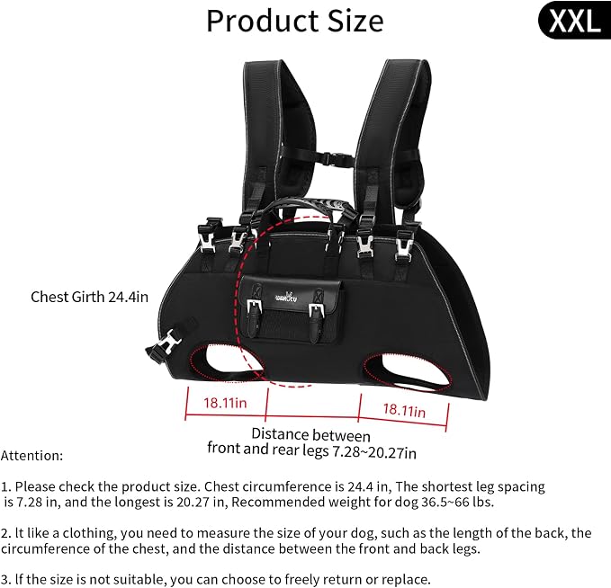 Wakytu Dog Backpack Carrier for Dogs,Dog Lift Harness,Adjustable Padded Breathable Straps for Dogs, Disabled, Joint Injuries, Arthritis,XXL
