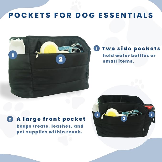 Lightweight Dog Purse Carrier for Small Dogs Under 15 lbs, Puffy Quilted Pet Carrier Tote for Puppies with Safety Leash Clip, Women's Hands-Free Dog Carrier Bag for Travel/Shopping (Black)