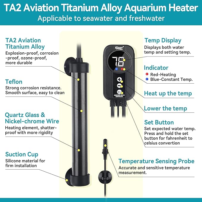 hygger Marine Aquarium Heater 100W,Titanium Heater with Digital LED Controller & Temperature Probe,Submersible Fish Tank Heater with Temperature Calibration,for Saltwater Freshwater Tank 15-20Gallon