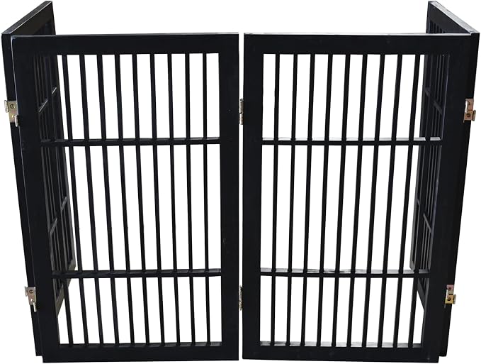 Urnporium Pet Dog Gate Freestanding, Strong Durable Folding Wooden Fence, Portable Acacia Hardwood Safety Barrier for Indoor & Outdoor Use (Black Pet Gate, 4 Panel 30" Tall)