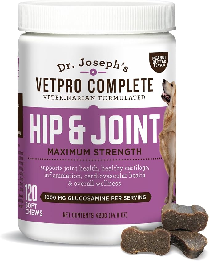 Dr. Joseph's VetPro Complete Dog Hip & Joint Supplement for Arthritis Pain Relief – High-Strength Glucosamine & Chondroitin Chews for Senior Dogs – Vet Formulated, Peanut Butter Flavor, 120 Ct