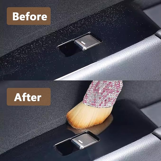 Car Interior Brush Blingbling Car Accessories for Women,Dust Sweeping Soft Brush with Rhinestone Handle,Detailing Brush Cleaner for Dashboard, Air Conditioner Vents, Computer Keyboard, etc (Pink)