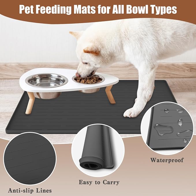 24"x16" Large Dog Food Mat, Silicone Dog and Cat Mats for Food and Water Bowls, Waterproof Raised Edge Pet Feeding Mat for Contain Spills Protects Floors, Multiple Colors & Sizes for Pets, Light Gray