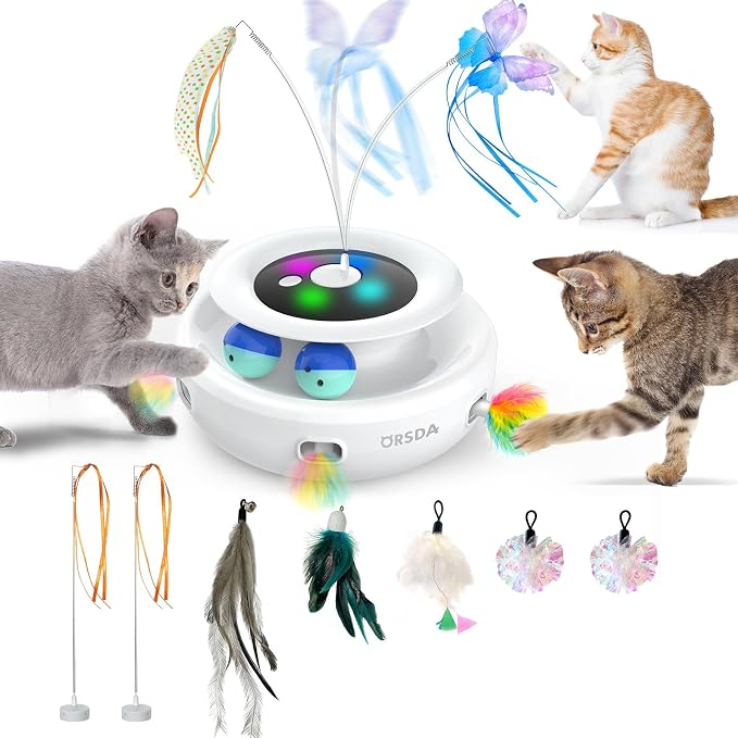 ORSDA Cat Toy, 3-in-1 Automatic Cat Toys for Indoor Cats, Interactive Feather Toys for All Breeds, Replacement Attachments 7PCS Cat Teaser Toy Refills Cat Wand Attachments