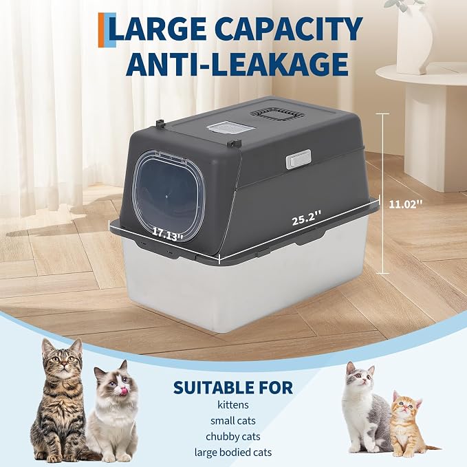 Stainless Steel Cat Litter Box with Lid, Extra Large Covered Metal Litter Box for Big Cats, Removable&Enclosed Design,Non-Stick&Odor-Resistant, Easy Clean, with Scoop&Litter Collecting Mat,Dark Grey