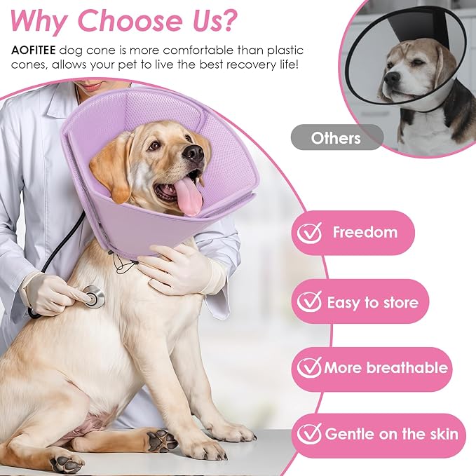 AOFITEE Soft Dog Cone Collar Anti-Licking, Dog Cone Alternative After Surgery, Elizabethan Cones for Large Dogs Post-Surgery, Neuter Recovery Pet Dogs E-Collar(Purple,X-Large)